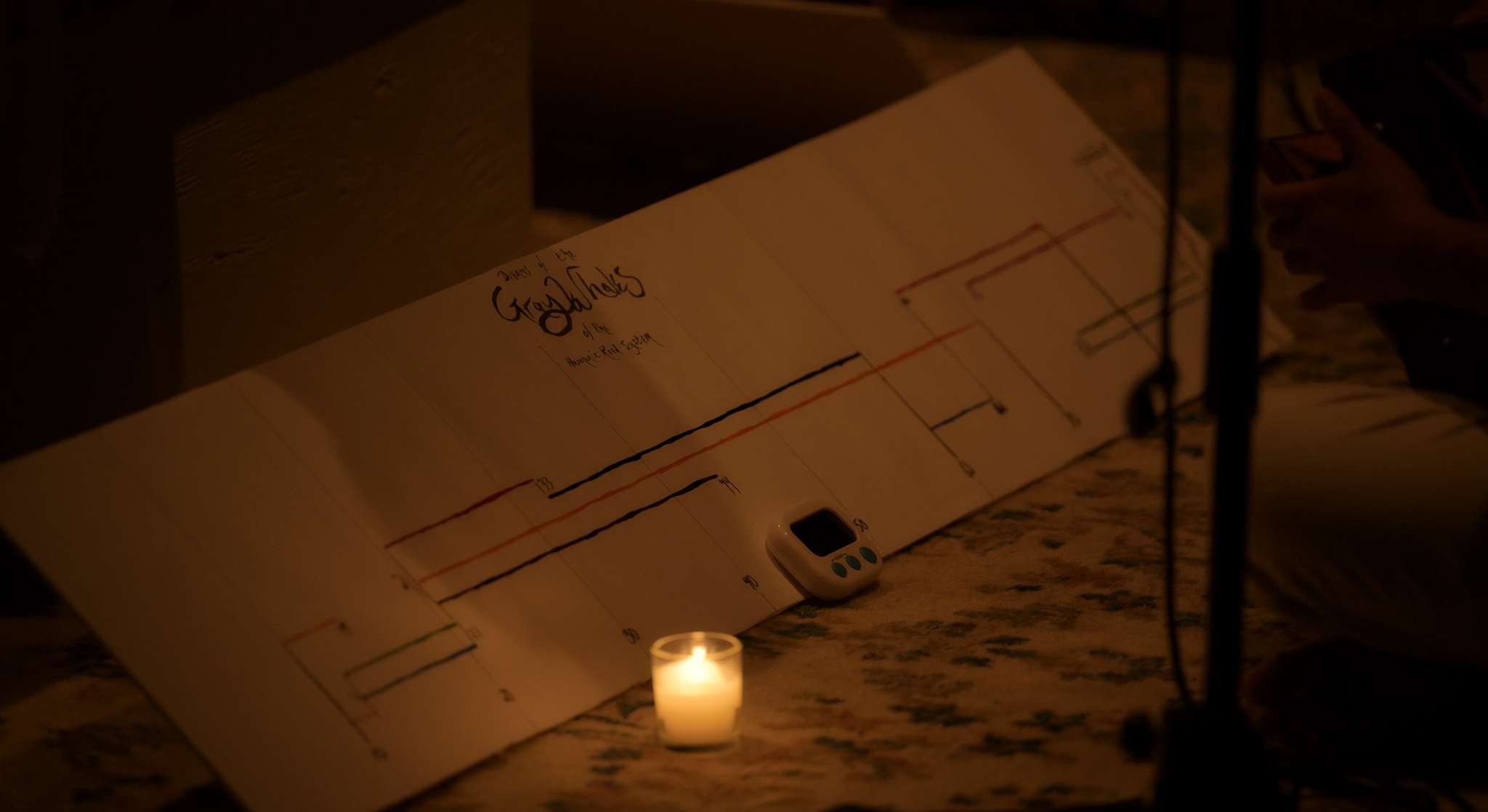 Graphic score resting on rug beside candlelight